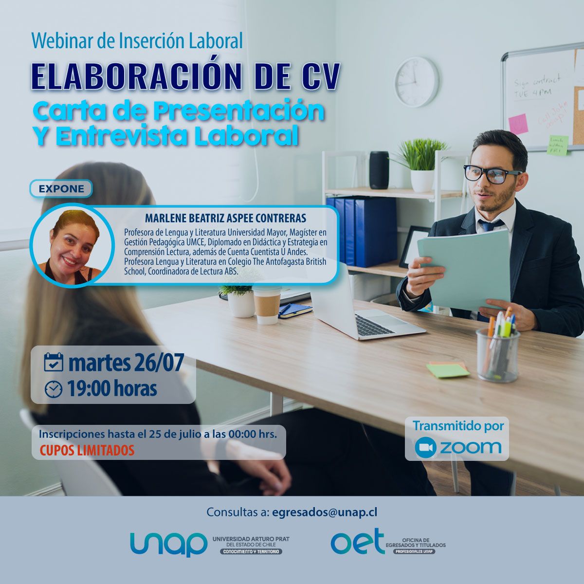 Oficina de Egresados y Titulados (OET) de la Universidad Arturo Prat promociona talleres online para este segundo semestre